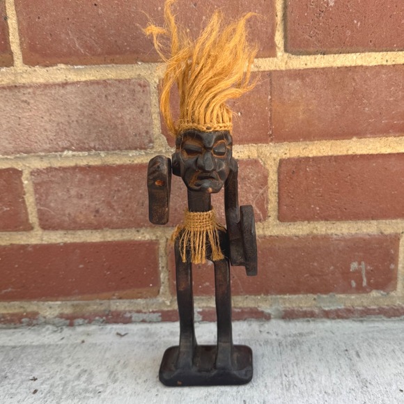 Unbranded Other - Vintage Hand Carved Wood Tribal Warrior Statue with Shield and Fiber Hair 8"